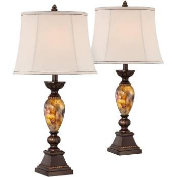 Kathy Ireland Vintage Table Lamps 30" Tall Set of 2 Aged Bronze Marbleized Golden Off White Oval Shade for Living Room Bedroom