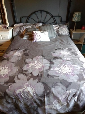 Gray/Purple Jasmine Watercolor Floral Duvet Cover Set Queen 6pc