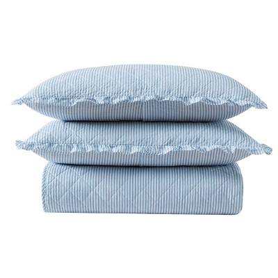 Oxford Stripe Blue Cotton Reversible King Quilt Set