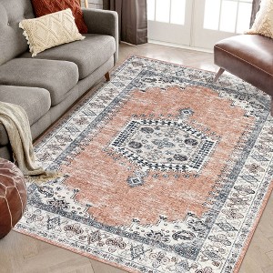 Vintage Floral Rugs for Living Room Bedroom Persian Area Rug Medallion Low Pile Non-Slip Carpet - 1 of 4