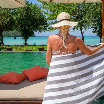 Oversized Light Grey and White Cotton Striped Beach Towels - 4 Pack