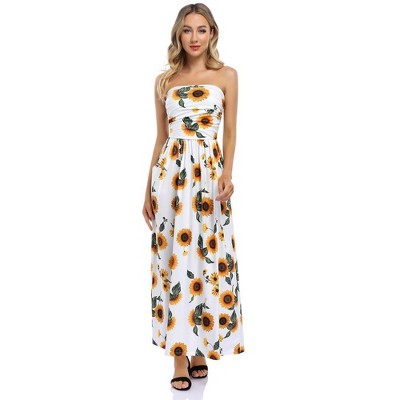 Women Strapless Floral Print Bohemian Boho Maxi Dress Casual Off Shoulder Beach Party Dress with Pockets