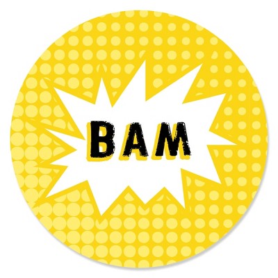 Big Dot of Happiness Bam Superhero - Baby Shower or Birthday Party Circle Sticker Labels - 24 Count