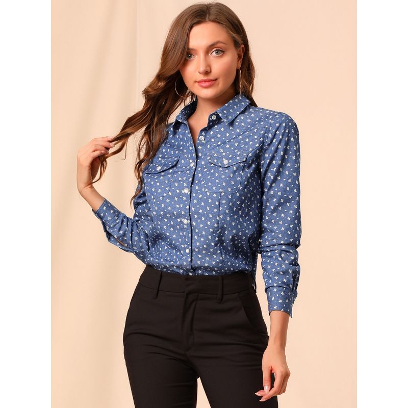 Allegra K Women's Regular Fit Point Collar Chest Pockets Button Down Dots Shirt, 4 of 7