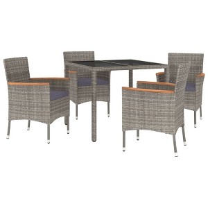 vidaXL 5 Piece Patio Dining Set - Gray Poly Rattan with Cushions, 1 Table & 4 Chairs, Comfortable Outdoor Furniture for Garden/Patio/Deck - 1 of 4
