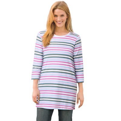 Woman Within Plus Size Perfect Printed Three-Quarter-Sleeve Scoopneck Tunic