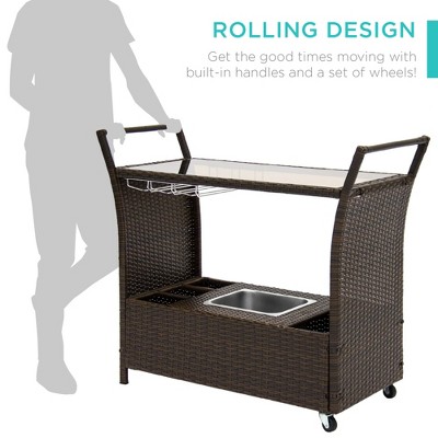 Elegant Outdoor Wicker Bar Cart with Tempered Glass Top and Ice Bucket - Brown