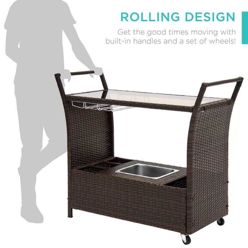 Best Choice Products Wicker Outdoor Rolling Bar Cart w/ Ice Bucket, Glass Countertop, Glass Holders, Storage - Brown, 3 of 8