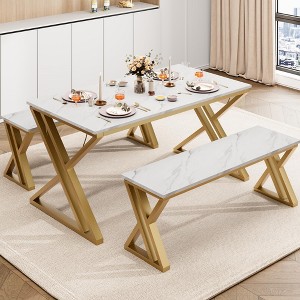 Kitchen Room Table Set with Benches,44.8" Dining Table Set for 4,Sturdy Metal Kitchen Table Set with X Metal Frame - 1 of 4