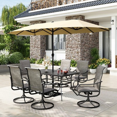 Captiva Designs 8pc Patio Dining Set with Rectangular Steel Table & Sling Swivel Chairs & Market Umbrella