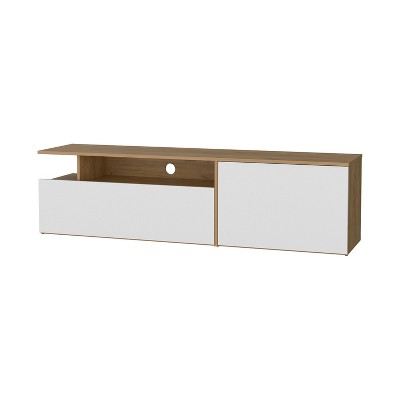 Vynxaria Modern TV Stand with Drop-Down Door, Hinged Door, Open Shelves, Cable Management, Natural Oak and White, 17.3" H x 63.3" W x 15.7" D