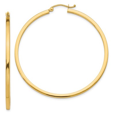 Black Bow Jewelry 2mm, 14k Yellow Gold Square Tube Round Hoop Earrings, 50mm (1 7/8 In)