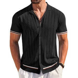 COOFANDY Men's Short Sleeve Knit Casual Button Down Shirt Vintage Striped Knitted Golf Beach Tops - 1 of 4
