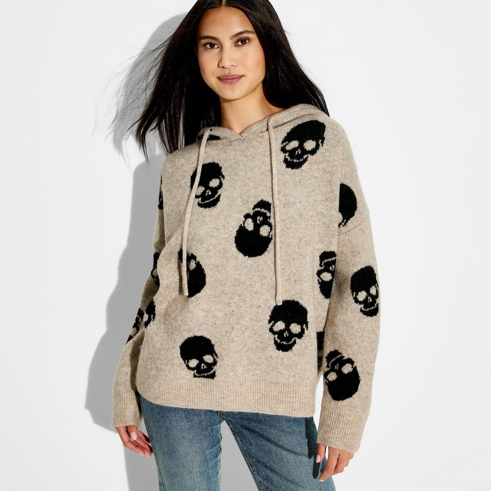 Women's Skulls Hooded Graphic Pullover Sweater - Beige XS