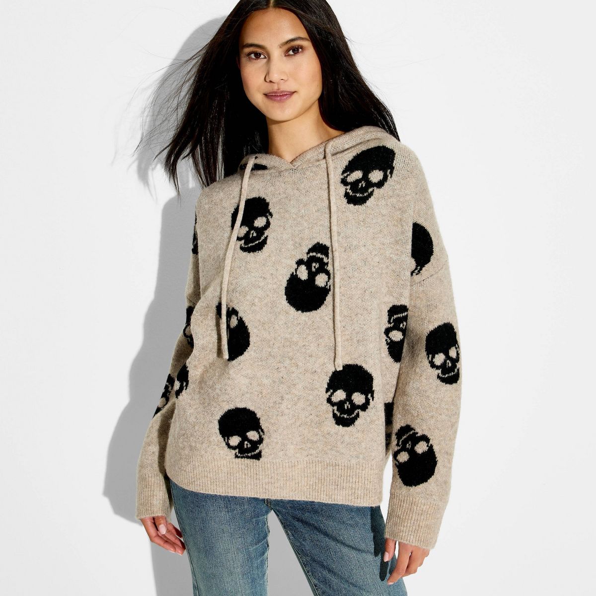 Women's Skulls Hooded Graphic Pullover Sweater - Beige