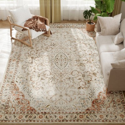 HOMCOM Area Rug 8x10, Machine Washable Rug, Non-Slip Classical Floral Print Floor Carpet for Living Room, Bedroom, Dining Room, Mixed-Brown