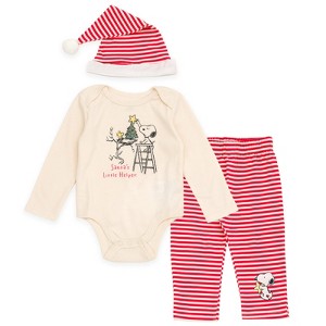 PEANUTS Snoopy Christmas Baby Bodysuit, Pants and Velour Santa Hat 3 Piece Outfit Set Newborn to Infant - 1 of 4