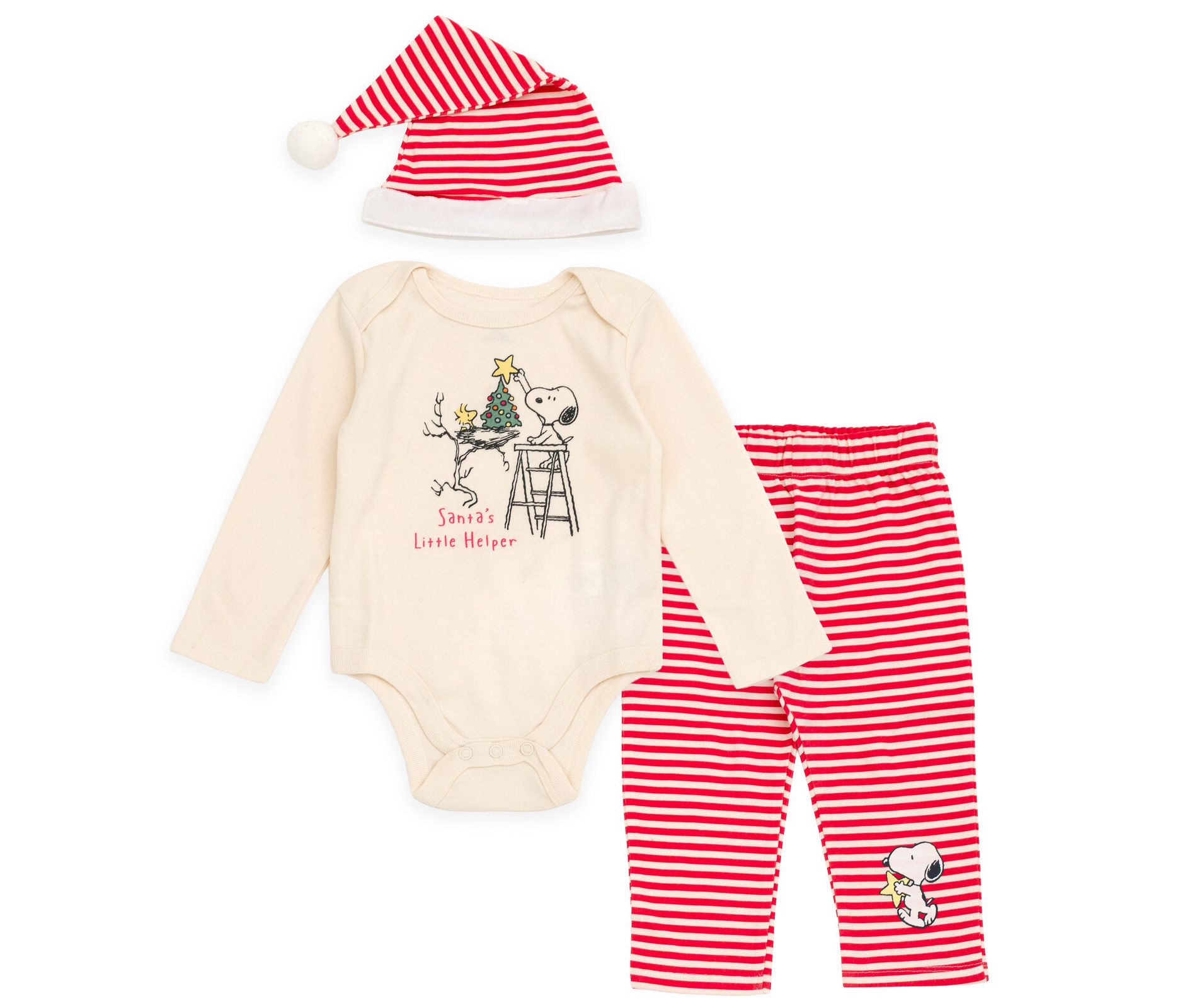 PEANUTS Snoopy Christmas Baby Bodysuit, Pants and Velour Santa Hat 3 Piece Outfit Set Newborn to Infant