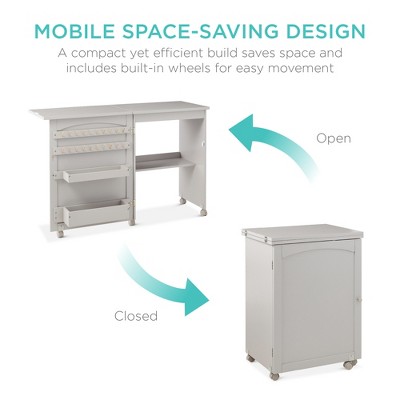 Gray Folding Sewing Table with Storage and Wheels