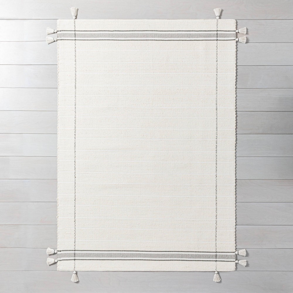 5' x 7' Simple Border Stripe with Corner Tassel Rug White/Gray - Hearth & Hand™ with Magnolia