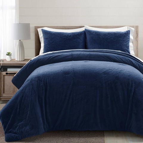 Lush Decor Lush Décor 7pc Queen Modern Ultra Soft Faux Fur Light Weight All Season Comforter Bedding Set Navy Blue