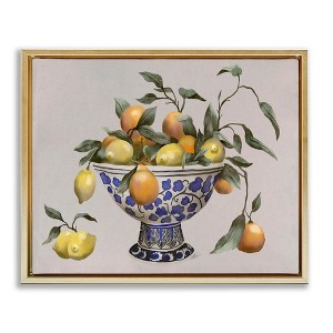 Stupell Industries Mixed Citrus Fruits Leaves Patterned Pottery Bowl Floating Frame Canvas Art, Gold, 21" x 17" - 1 of 4