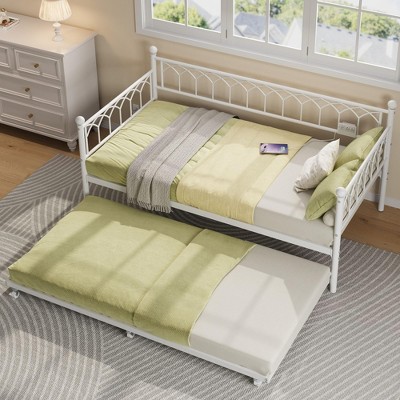 homfan Twin Daybed with Trundle, Metal Sofa Bed Frame with Pull Out Trundle for Living Room, Bedroom, Apartment and Small Spaces