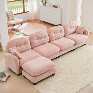 140" Chenille Upholstery L-Shaped Modular Sectional Sofa with Ottoman, Tufted Backrest, Ergonomic Cushions - 1 of 4