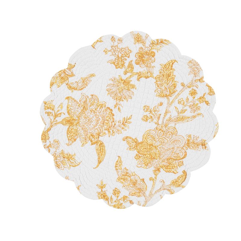 C&F Home Miriam Ochre Round Quilted Reversible Yellow Damask Placemat Set of 6, 3 of 10