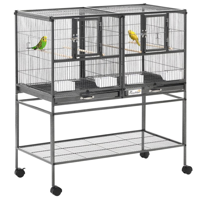 PawHut Double Bird Cage with Rolling Stand Removable Metal Tray, Storage Shelf, Wood Perch, and Food Container, 1 of 9