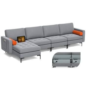 Costway Modular L-shaped Sectional Sofa with  Reversible Chaise & 4 USB Ports Ash Grey