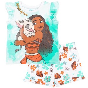 Disney Frozen Moana Princess Tiana Floral Peplum T-Shirt and French Terry Shorts Outfit Set Toddler to Big Kid - 1 of 4