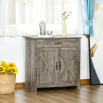 Gray Wash Rustic Farmhouse Barn Door Style Sideboard Cabinet