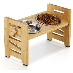 Elevated Bamboo Dog Bowl Stand with Adjustable Height Stainless Steel Bowls - 1 of 3