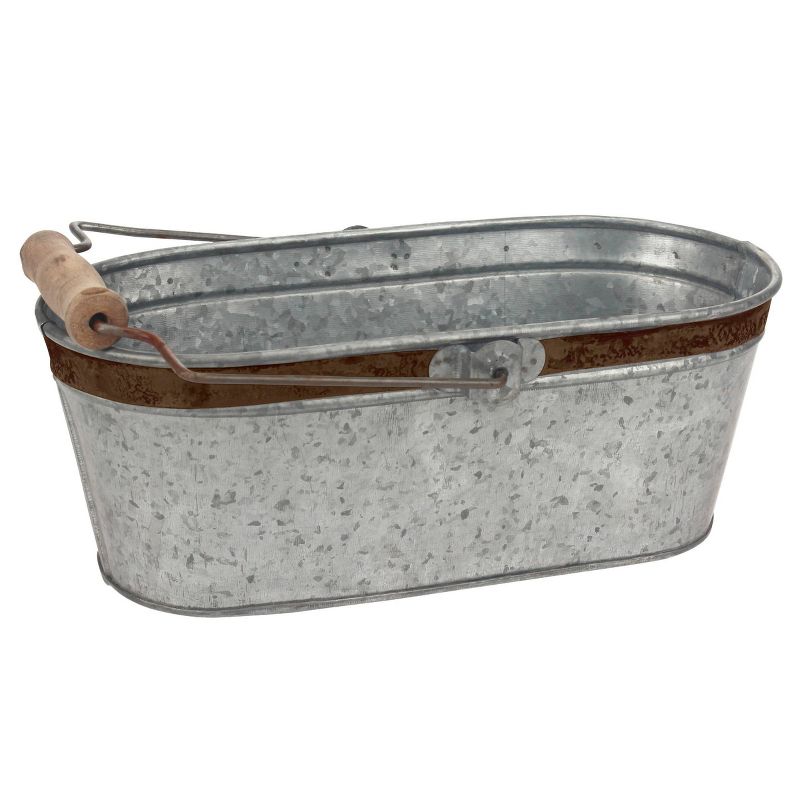 12&#34; Aged Galvanized Metal Oval Bucket with Handle - Gray - Stonebriar Collection, 1 of 8