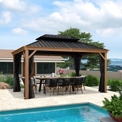 PURPLE LEAF Outdoor Hardtop Gazebo for Patio Galvanized Steel Double Roof Permanent Canopy Teak Finish Aluminum Frame Pavilion Gazebo with Netting