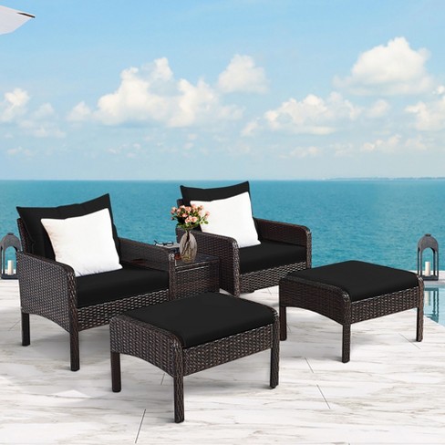 Costway 5PCS Patio Rattan Wicker Furniture Set Sofa Ottoman Coffee Table Cushioned Black