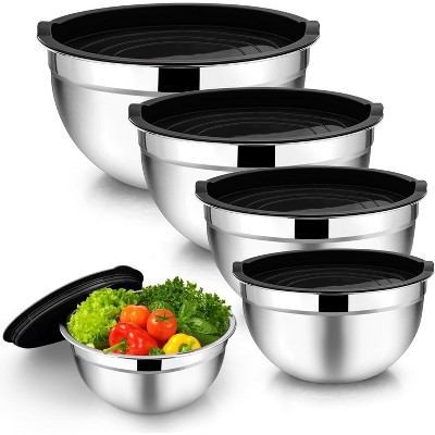 Mixing Bowl Set of 5, 4.5/3/1.5/1/0.7 QT, Stainless Steel Metal Nesting Salad Bowl with Lid Set, Ideal for Mixing Serving, Easy Clean, Black