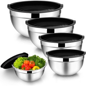 Mixing Bowl Set of 5, 4.5/3/1.5/1/0.7 QT, Stainless Steel Metal Nesting Salad Bowl with Lid Set, Ideal for Mixing Serving, Easy Clean, Black - 1 of 4