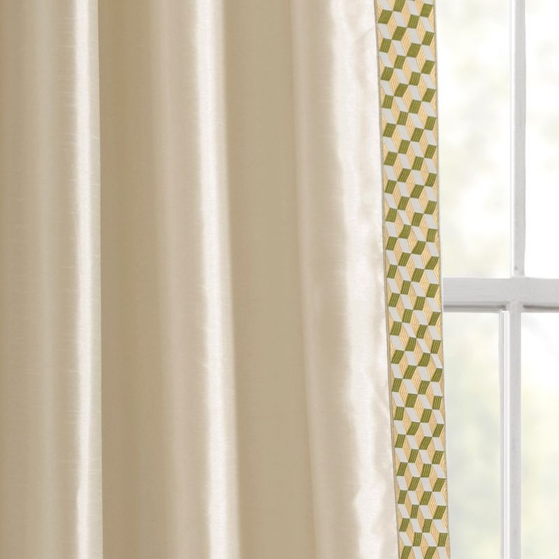 Luxury Mid Century Geo Faux Silk Jacquard Border Window Curtain Panel Wheat/Green Single 52x84, 1 of 7