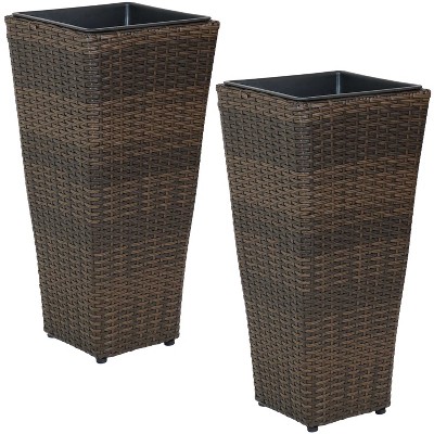 Sunnydaze Modern Decorative Standing Square Polyrattan Planter Containers - 24" Tall - Brown - 2-Pack