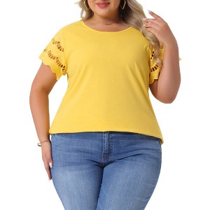 Agnes Orinda Women's Plus Size Round Neck Hollow Lace Panel Short Sleeve Casual Summer Blouses - 1 of 4