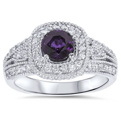 Pompeii3 1 1/2ct Vintage Amethyst & Diamond Halo Ring 14K White Gold