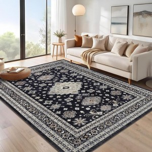 Washable Rug Vintage Floral Distressed Rug Non Slip Backing Low Pile Foldable Floor Cover Oriental Medallion Indoor Carpet Office - 1 of 4