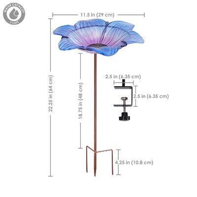 Blue Glass Flower Bird Bath with Copper Stake and Black Clamp