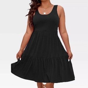 Womens Plus Size Sundress U Neck Tank Summer Tiered Dress U Back Sleeveless Dress for Plus Size Women Beach Dress Summer Resorts Outfit - 1 of 4