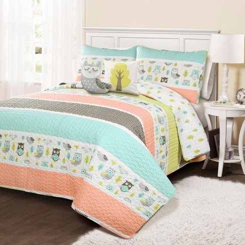 4pc Twin Owl Striped Quilt Set With Owl Throw Pillow Coral Lush