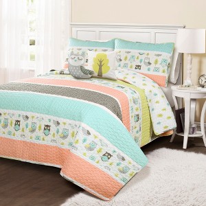 4pc Twin Owl Striped Quilt Set Coral - Lush Decor, Pink