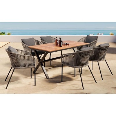 Nicbex 7 PCS Patio Dining Set,Outdoor Furniture Set,Acacia Patio Table with 6 Armchairs,Wicker Dining Table&Chairs for Garden,Backyard