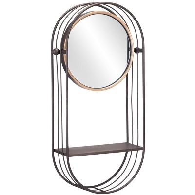 Industrial Elliptical Patinated Gold and Wood Wall Mirror